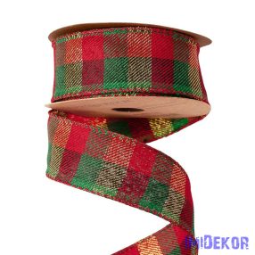  Kockás karácsonyi szalag drótos szegéllyel 38mm x 10m - Piros/Arany/Zöld