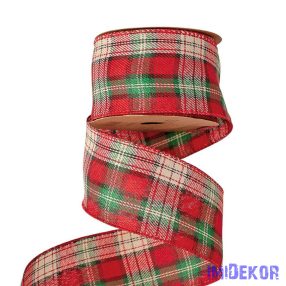   Kockás karácsonyi szalag drótos szegéllyel 63mm x 10m - Krém-Fekete