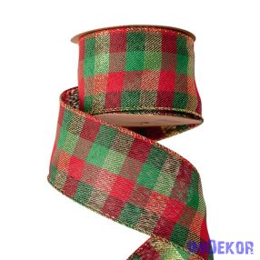   Kockás karácsonyi szalag drótos szegéllyel 63mm x 10m - Piros-Arany-Zöld