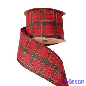   Kockás karácsonyi szalag drótos szegéllyel 63mm x 10m - Piros-Arany-Sötétzöld