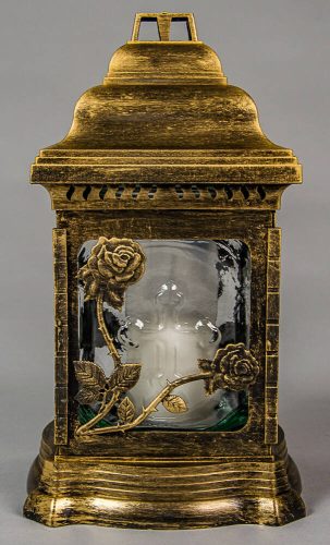 Rózsás antikolt katedrális borítású üvegmécses betéttel arany 25 cm