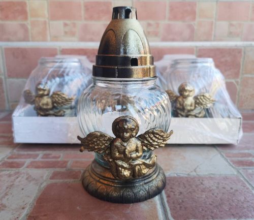 Angyalkás gömb üvegmécses antikolt talppal és fedéllel mécses betéttel arany 20 cm