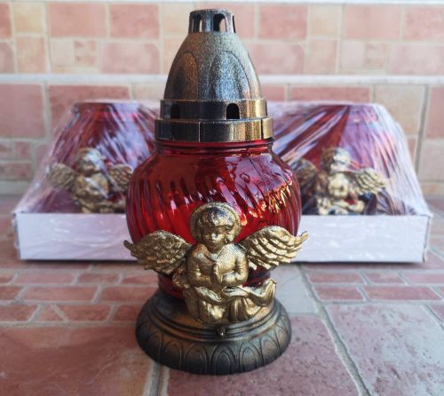 Angyalkás gömb üvegmécses antikolt talppal és fedéllel mécses betéttel piros üveg / arany 20 cm