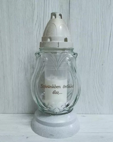 "Szívünkben örökké élsz.." feliratos üvegmécses 23 cm