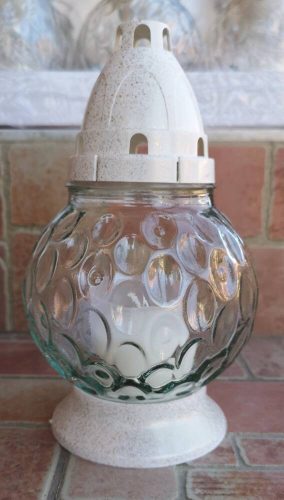 Buborék gömb mélyedéses üvegmécses antikolt fehér talppal és fedéllel üveg mécses betéttel 21 cm