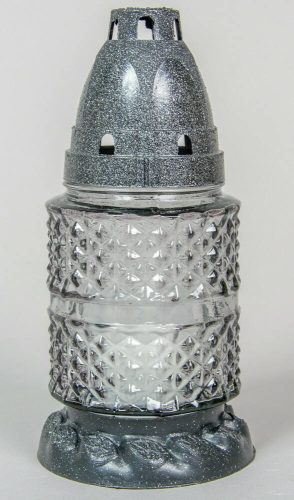 Rücskös kis henger szürke üvegmécses díszített talppal antikolt fedéllel betéttel 17 cm