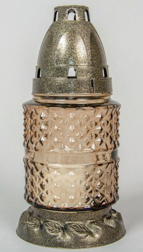 Rücskös kis henger arany üvegmécses díszített talppal antikolt fedéllel betéttel 17 cm