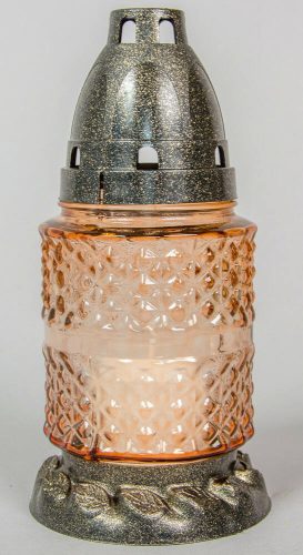 Rücskös kis henger lazac üvegmécses díszített talppal antikolt fedéllel betéttel 17 cm