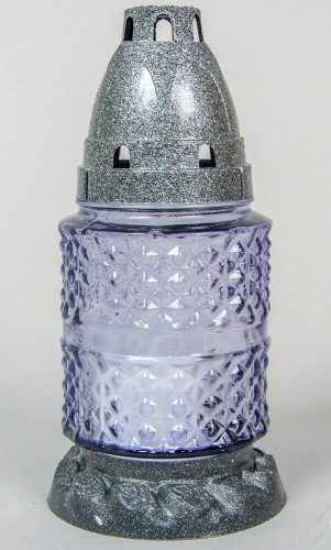Rücskös kis henger lila üvegmécses díszített talppal antikolt fedéllel betéttel 17 cm