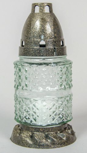 Rücskös kis henger áttetsző üvegmécses díszített talppal antikolt fedéllel betéttel 17 cm