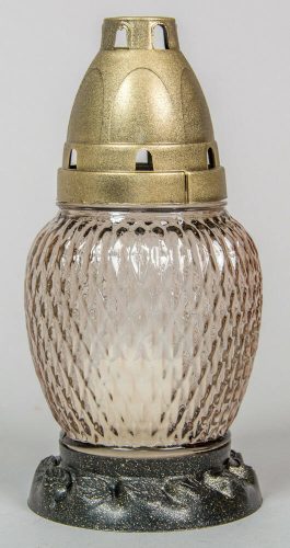 Kis pikkelyes üvegmécses antikolt fedéllel díszes talppal betéttel arany színben 17 cm