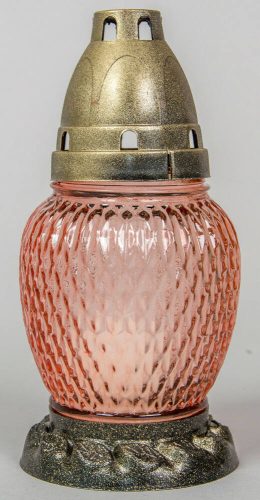 Kis pikkelyes üvegmécses antikolt fedéllel díszes talppal betéttel lazac színben 17 cm