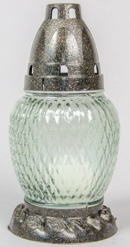 Kis pikkelyes üvegmécses antikolt fedéllel díszes talppal betéttel áttetsző üveg 17 cm