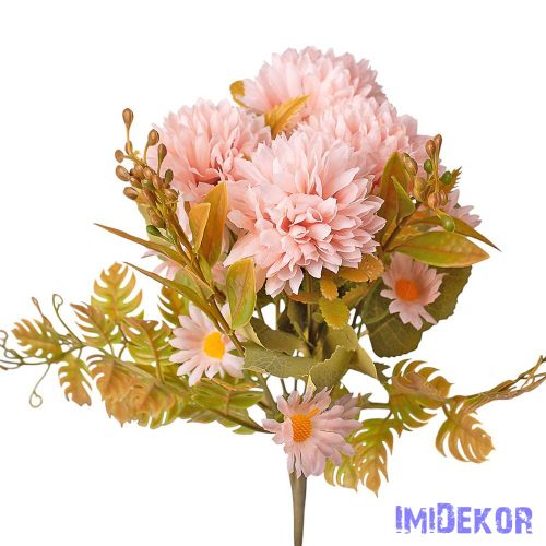 Krizantém 7 ágú selyemvirág csokor 34cm - Rózsaszín