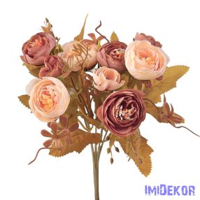 Peónia 5 ágú selyemvirág csokor 28cm - Krém/Mályva