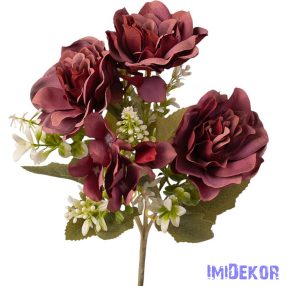 Rózsa-Hortenzia 5 ágú  selyem csokor 30cm - Bordó