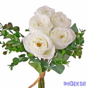 Eukaliptuszos rózsa selyemvirág csokor 36cm - Fehér