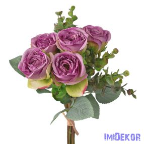 Eukaliptuszos rózsa selyemvirág csokor 36cm - Lila