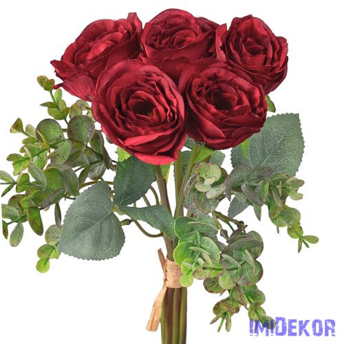 Eukaliptuszos rózsa selyemvirág csokor 36cm - Bordó