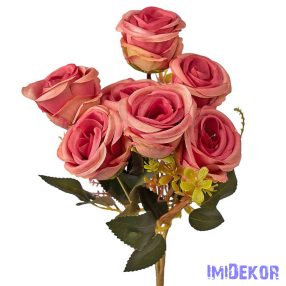 Rózsa 7 ágú selyemvirág csokor 31cm - Rózsaszín