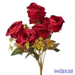 Rózsa 7 ágú selyemvirág csokor 31cm - Bordó