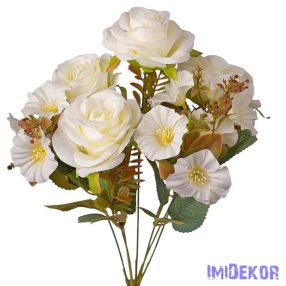 Rózsa 7 ágú selyemvirág csokor 43cm - Fehér