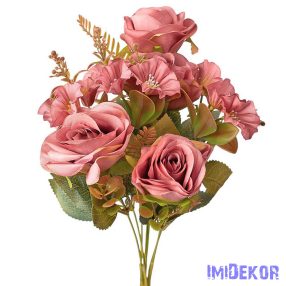 Rózsa 7 ágú selyemvirág csokor 43cm - Rózsaszín