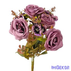 Rózsa 7 ágú selyemvirág csokor 43cm - Lila