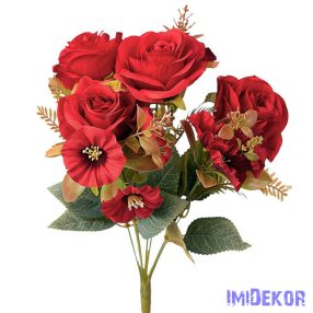 Rózsa 7 ágú selyemvirág csokor 43cm - Piros