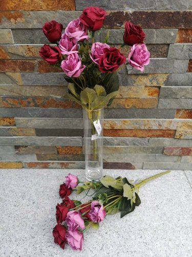 Rózsa mix 10 fejes selyemvirág csokor zöldekkel 31 cm - Bordó-Rózsaszín