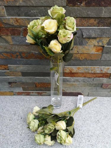 Rózsa mix 10 fejes selyemvirág csokor zöldekkel 31 cm - Halvány Zöld-Krém