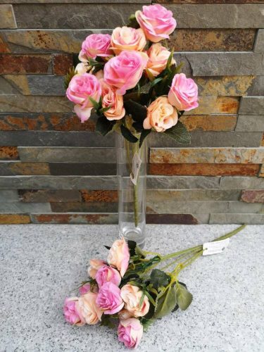 Rózsa mix 10 fejes selyemvirág csokor zöldekkel 31 cm - Barack-Rózsaszín