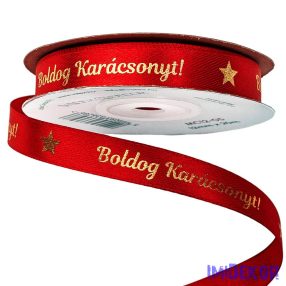   Fényes arany Boldog Karácsonyt feliratos szatén szalag 12mm x 20m - Piros