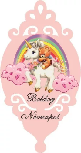 Névnapi csepp unikornis maci lézervágott fa betűző táblácska 9x6 cm
