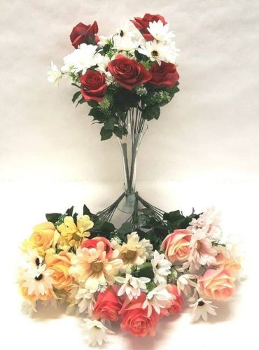 Rózsa + dália + kis virágok 12 ágú selyemvirág csokor 