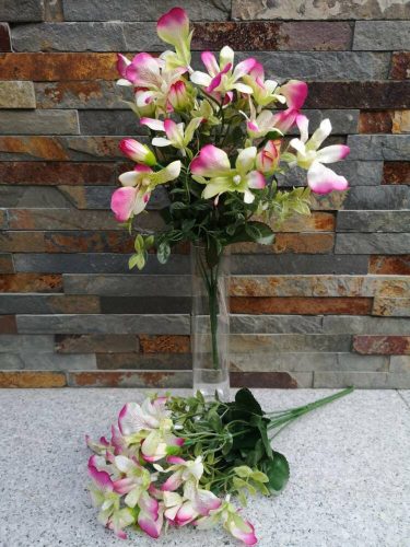 Orchidea apróvirágos selyemvirág csokor buxussal 33 cm - Fehér-Rózsaszín