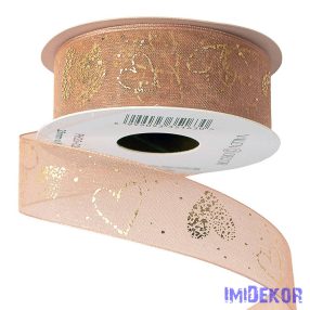   Arany szívecske mintás organza szalag 25mm x 10m - Púder Bézs