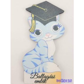 Kék cirmos cica ballagó kalapban tábla - Feliratos