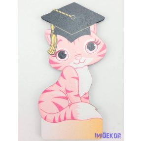 Rózsaszín cirmos cica ballagó kalapban tábla