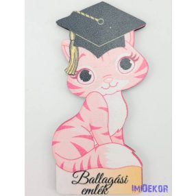 Rózsaszín cirmos cica ballagó kalapban tábla - Feliratos