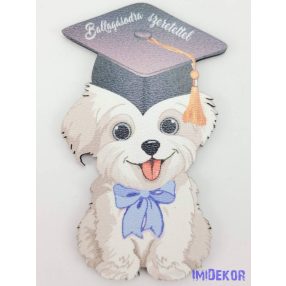   Lógónyelvű kutyus tábla kék masnis ballagó kalapban - Feliratos