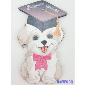   Lógónyelvű kutyus tábla rózsaszín masnis ballagó kalapban - Feliratos