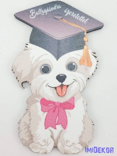 Lógónyelvű kutyus tábla rózsaszín masnis ballagó kalapban - Feliratos
