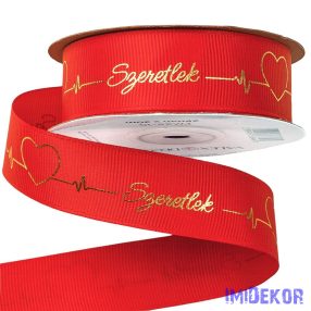   Szeretlek arany feliratos, szívecskés ripsz szalag 25mm x 20m - Piros
