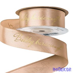   Boldog Karácsonyt! feliratos szatén szalag 25mm x 20m - Púder Barna