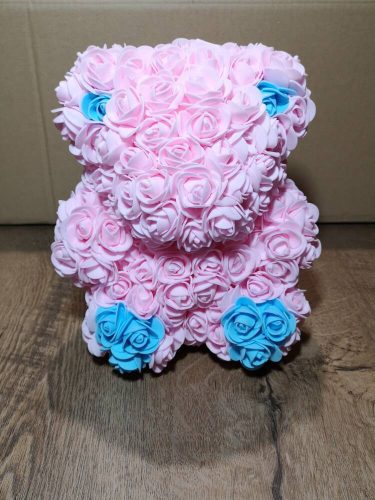 Örök Rózsa Maci rózsaszín világoskék habrózsa 25 cm polifoam virág maci rózsamaci
