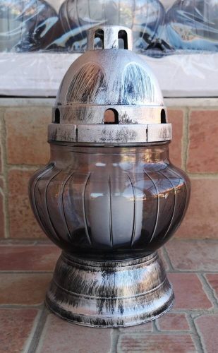 Szürke gömb üvegmécses antikolt ezüst talppal és fedéllel mécses betéttel 22 cm