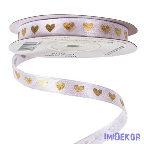 Arany szívecskés szatén szalag 10mm x 20m - Fehér