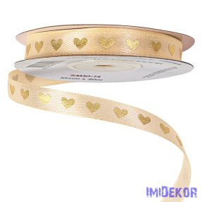 Arany szívecskés szatén szalag 10mm x 20m - Krém