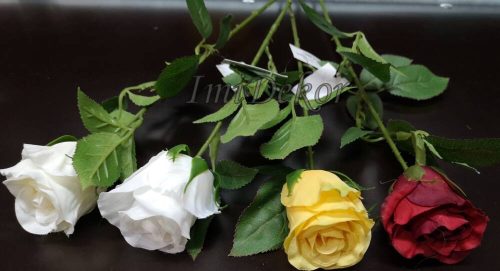Nyíló rózsa élethű szálas selyemvirág 3x3 levéllel 60 cm